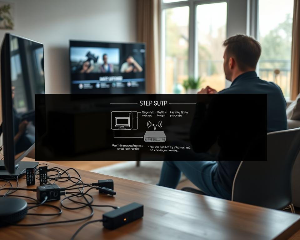 A well-lit home interior scene showcasing the installation process for an IPTV system. In the foreground, a person sitting at a desk connects various cables and devices, with a modern TV display prominently featured. The middle ground depicts a step-by-step visual guide, clearly illustrating the setup procedure. The background reveals a cozy living room atmosphere, with natural lighting filtering through large windows. The overall mood is one of simplicity, efficiency, and customer-centric guidance, perfectly suited for an article on the best IPTV providers in the Netherlands.
