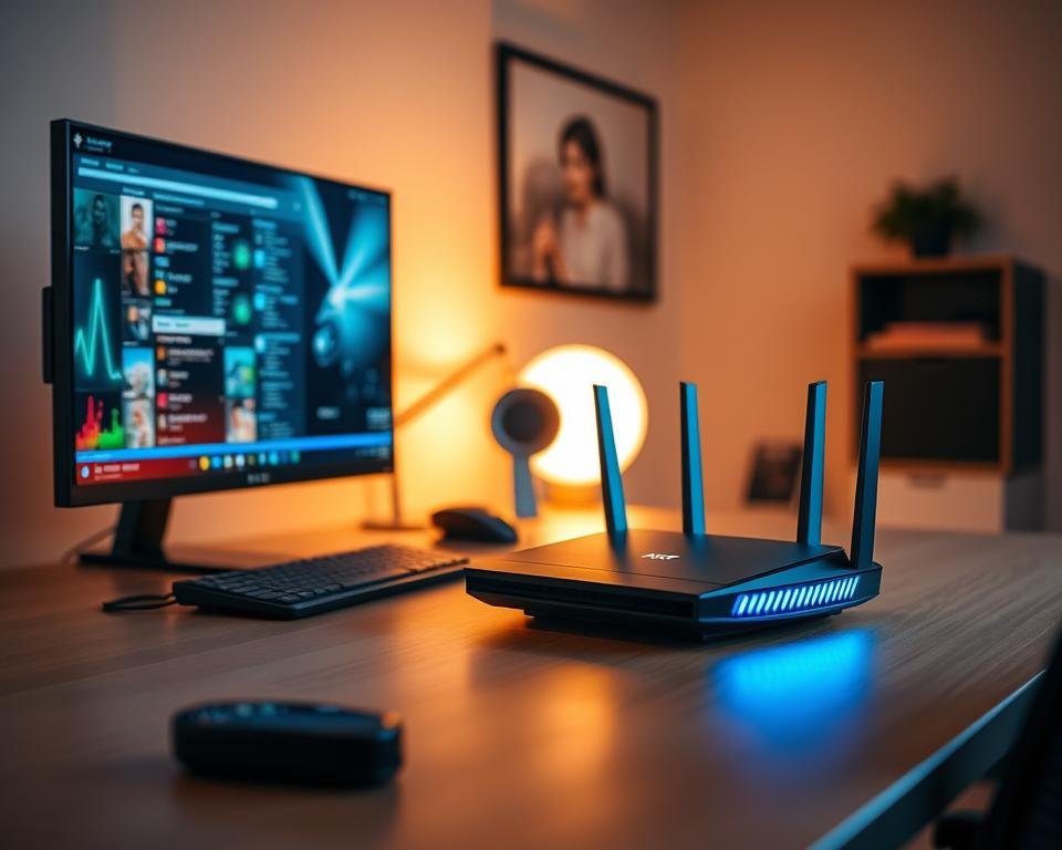 A well-lit, modern home office setup with a sturdy, ergonomic desk, a high-quality desktop computer, and a large, vibrant 4K display. On the desk, an elegant, state-of-the-art router sits prominently, its sleek design and flashing LEDs conveying a sense of reliable, high-speed internet connectivity. The room is bathed in warm, indirect lighting, creating a calm and focused atmosphere, ideal for uninterrupted streaming. The overall scene exudes a professional, technology-forward aesthetic, hinting at the stable, high-performance internet infrastructure required for a seamless IPTV viewing experience. A well-lit, modern home office setup with a sturdy, ergonomic desk, a high-quality desktop computer, and a large, vibrant 4K display. On the desk, an elegant, state-of-the-art router sits prominently, its sleek design and flashing LEDs conveying a sense of reliable, high-speed internet connectivity. The room is bathed in warm, indirect lighting, creating a calm and focused atmosphere, ideal for uninterrupted streaming. The overall scene exudes a professional, technology-forward aesthetic, hinting at the stable, high-performance internet infrastructure required for a seamless IPTV viewing experience.