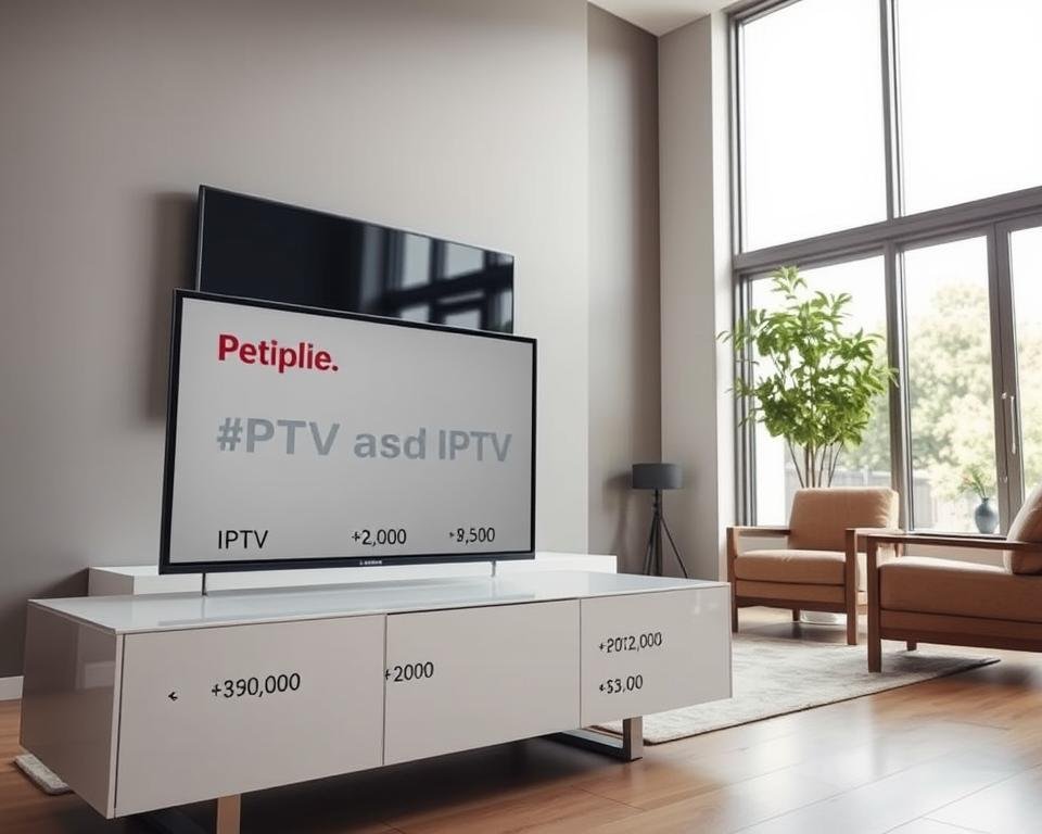 A well-lit, modern living room with a large flatscreen TV mounted on the wall. In the foreground, a sleek, minimalist TV stand displays various IPTV service providers and their monthly subscription costs. The prices are clearly legible, with a clean, organized layout. The middle ground features a comfortable couch and armchair, creating a cozy viewing environment. The background showcases a large window, allowing natural light to flood the space and create a warm, inviting atmosphere. The overall scene conveys a sense of simplicity, efficiency, and a focus on providing clear, accessible information about the available IPTV options and their associated pricing.
