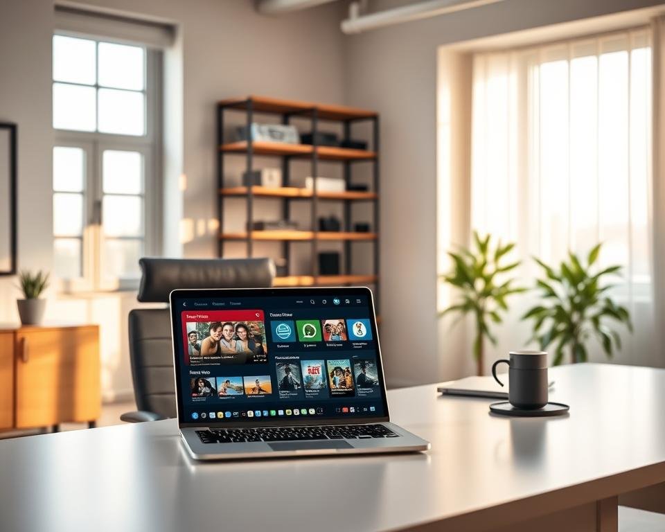 A well-lit, modern office interior with a large desk, comfortable chair, and shelves displaying various tech devices. On the desk, a laptop with an IPTV service interface open, showcasing its intuitive design and user-friendly features. The walls feature minimalist decor, creating a professional and trustworthy atmosphere. Warm, natural lighting filters in through large windows, casting a soft glow on the scene. The overall impression conveys a sense of reliability, efficiency, and a commitment to providing a top-notch IPTV experience.