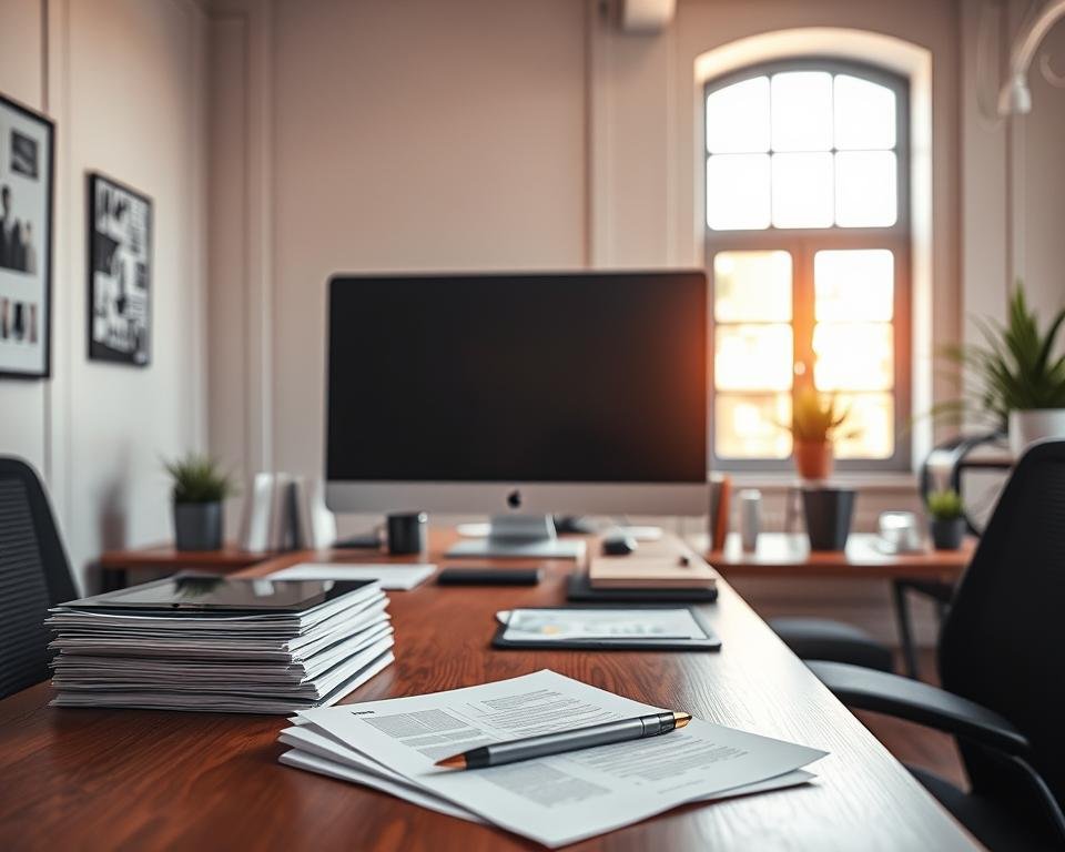 A well-lit modern office setting, with a large desk featuring a desktop computer, tablet, and various office supplies. In the foreground, a stack of papers and a pen lay on the desk, hinting at the technical questions being addressed. The background features a clean, minimalist wall with subtle architectural elements, creating a professional and focused atmosphere. Warm, natural lighting filters in through a window, casting a soft glow across the scene. The overall composition conveys a sense of organization, productivity, and the pursuit of technical knowledge.