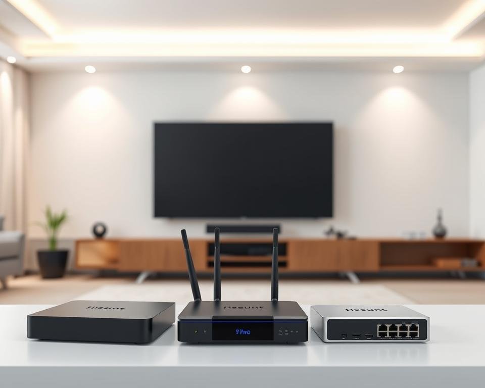 A well-lit room showcasing a variety of compatible IPTV devices. In the foreground, a sleek smart TV, a high-end streaming box, and a compact IPTV set-top box stand prominently. In the middle ground, a wireless router and a network switch provide the necessary connectivity. The background features a minimalist, modern interior design with subtle accent lighting, highlighting the technological integration. The overall scene conveys a sense of seamless connectivity and technological sophistication, suitable for a reliable IPTV service.