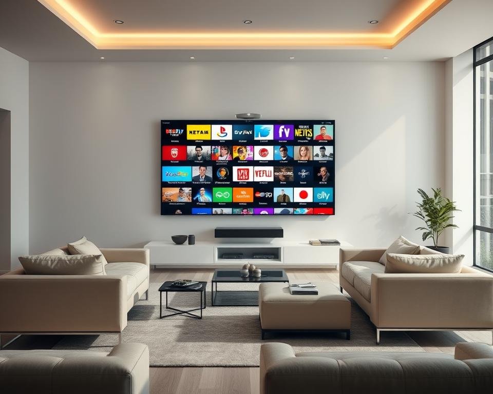 A well-lit, spacious living room with an expansive television screen dominating the central focus. The screen displays a diverse array of television channels, showcasing an abundance of entertainment options. The room is adorned with modern, minimalist furniture, creating a sleek and sophisticated ambiance. Soft, diffused lighting illuminates the space, accentuating the vibrant colors and sharp details of the on-screen content. The scene conveys a sense of comfort and accessibility, inviting the viewer to immerse themselves in the vast array of television programming available.