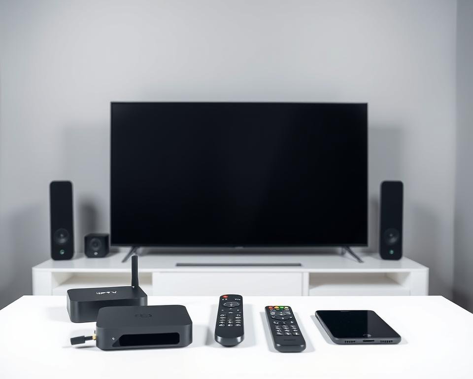 A well-lit studio scene showcasing a variety of modern IPTV-compatible devices. In the foreground, a sleek smart TV, a state-of-the-art streaming box, and a compact HDMI dongle sit atop a minimalist white table. In the middle ground, a selection of remote controls and mobile devices, each capable of accessing IPTV services, are arranged neatly. The background features a clean, grey wall, creating a professional and technologically-focused atmosphere. The lighting is soft and even, highlighting the streamlined design and capabilities of the compatible devices. The overall composition emphasizes the versatility and ease of use of the IPTV setup.