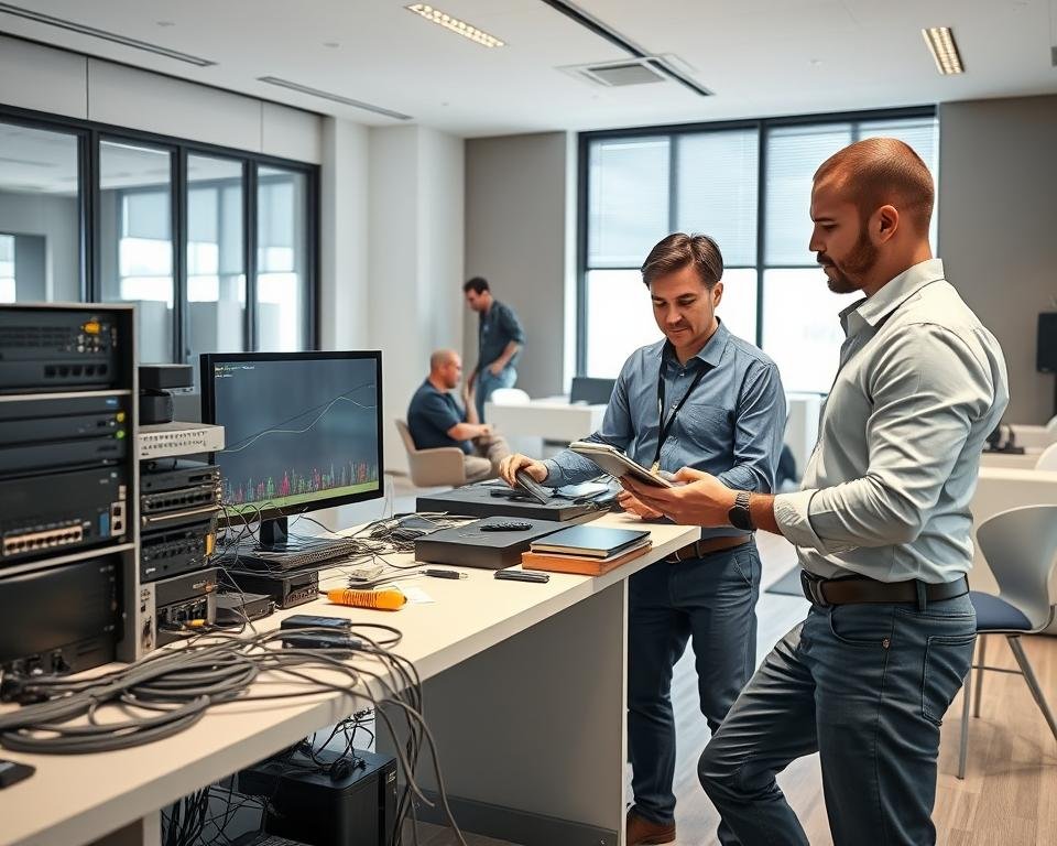 A well-lit, technical support desk in a modern IPTV installation setting. On the desk, an array of networking equipment, cables, and tools neatly organized. In the foreground, a technician in a collared shirt and slacks, assisting a client with the setup, using a tablet to demonstrate the process. The background features a clean, minimalist office space with sleek furniture and large windows allowing natural light to filter in, creating a professional and productive atmosphere.