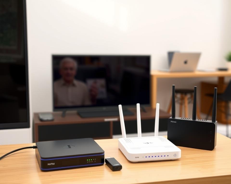 A well-organized home entertainment setup with a variety of compatible devices neatly arranged. In the foreground, a smart TV, set-top box, and streaming dongle sit on a modern media console. The middle ground features a wireless router and modem, their status lights blinking in synchrony. In the background, a desk with a laptop and tablet suggests seamless integration across devices. Soft, diffused lighting creates a warm, inviting atmosphere, while a minimalist decor style emphasizes the clean, organized aesthetic. The overall composition conveys the ease and convenience of a properly installed IPTV entertainment system.