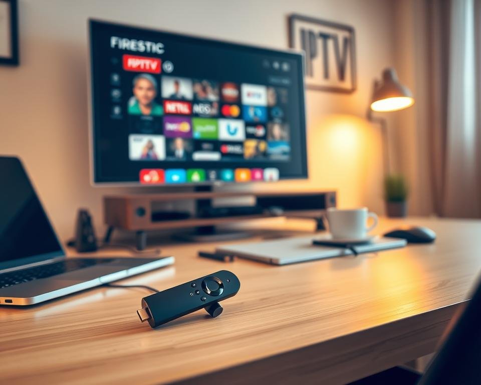 A well-organized home office setup with a Firestick device prominently displayed on a desk. The Firestick is connected to a modern, high-definition TV screen, showcasing its capabilities for IPTV viewing. The desk is neatly arranged with essential equipment, including a laptop, mouse, and a cup of coffee, creating a productive and focused atmosphere. Warm, natural lighting from a nearby window illuminates the scene, casting a cozy glow. The background features a neutral, minimalist wall decor, allowing the Firestick and the connected TV to be the center of attention. The overall composition conveys a sense of efficiency and preparation for seamless IPTV experience on the Firestick. A well-organized home office setup with a Firestick device prominently displayed on a desk. The Firestick is connected to a modern, high-definition TV screen, showcasing its capabilities for IPTV viewing. The desk is neatly arranged with essential equipment, including a laptop, mouse, and a cup of coffee, creating a productive and focused atmosphere. Warm, natural lighting from a nearby window illuminates the scene, casting a cozy glow. The background features a neutral, minimalist wall decor, allowing the Firestick and the connected TV to be the center of attention. The overall composition conveys a sense of efficiency and preparation for seamless IPTV experience on the Firestick.