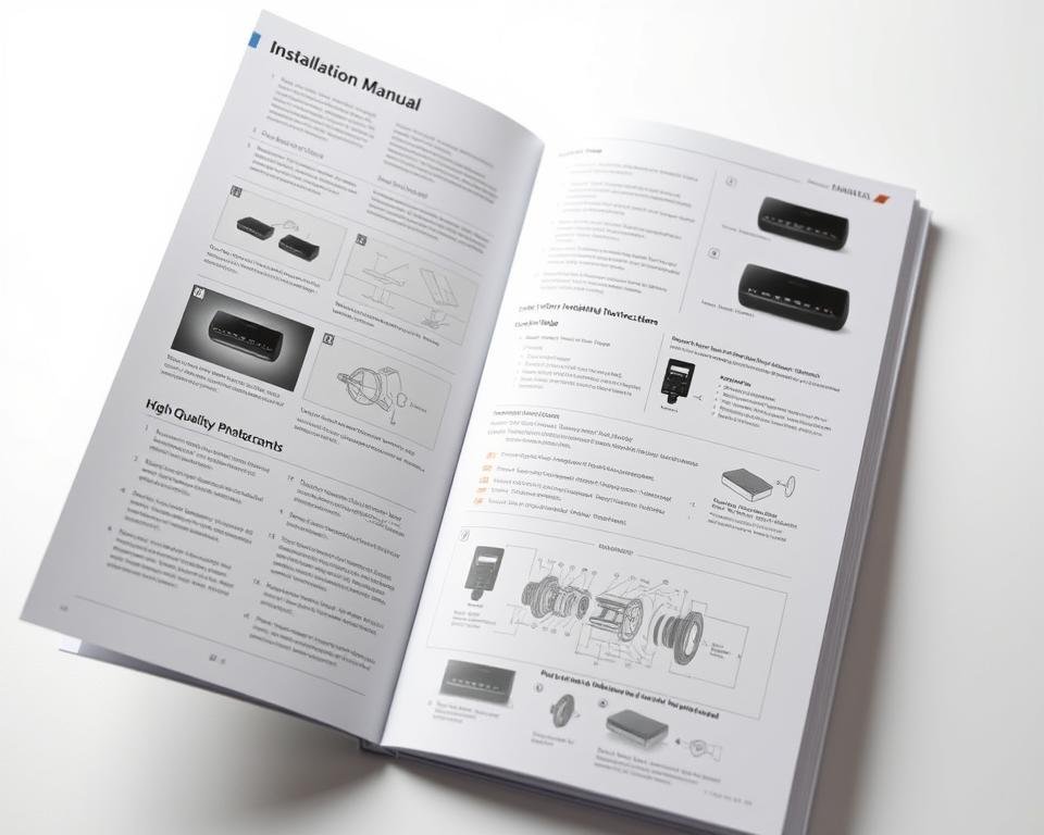 A well-organized installation manual with clear step-by-step instructions, technical diagrams, and exploded views. The pages are neatly laid out with clean typography and high-quality product photography. The manual is bound in a sturdy, matte-finished cover with the product name prominently displayed. The lighting is soft and diffused, creating a professional and informative atmosphere. The camera angle showcases the manual's overall organization and design, capturing the details that would be helpful for a user setting up the product.