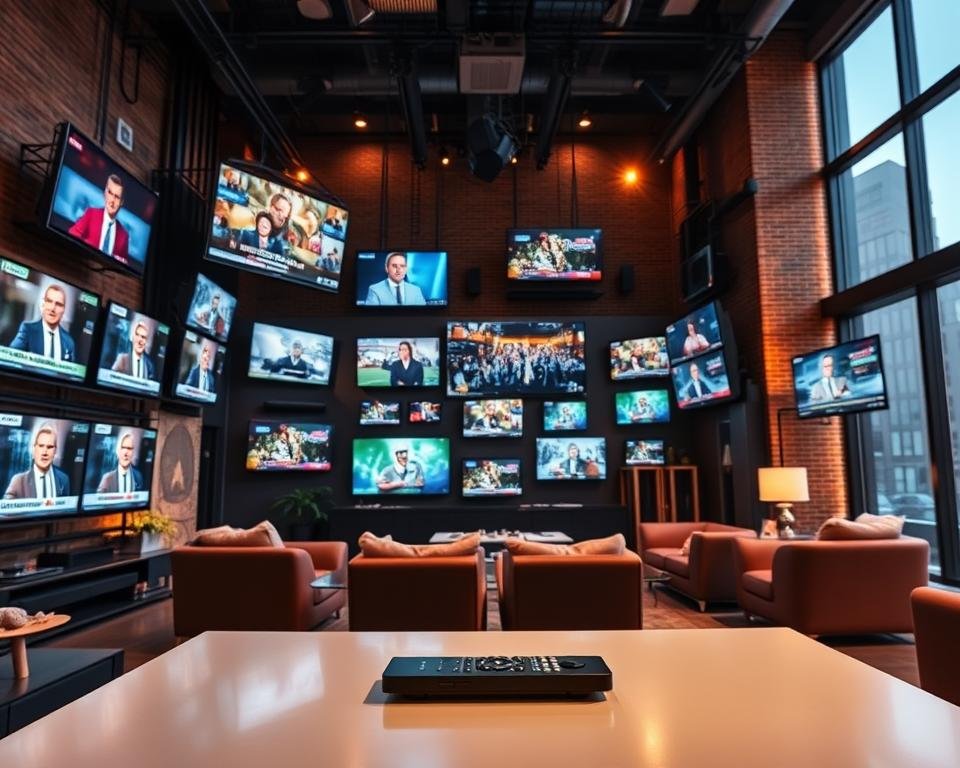 A wide-angle view of a contemporary television studio, with an array of television screens and monitors displaying various live news channels, sporting events, and entertainment programs. The space is illuminated by warm, soft lighting, creating a cozy and inviting atmosphere. In the foreground, a sleek, minimalist coffee table is positioned, showcasing a remote control and a streaming device, hinting at the seamless integration of live TV and on-demand content. The middle ground features comfortable seating areas, where viewers can relax and enjoy the diverse selection of channels and programming. The background is a mixture of modern architectural elements, such as exposed brick walls and large windows, offering a glimpse of the city skyline outside.