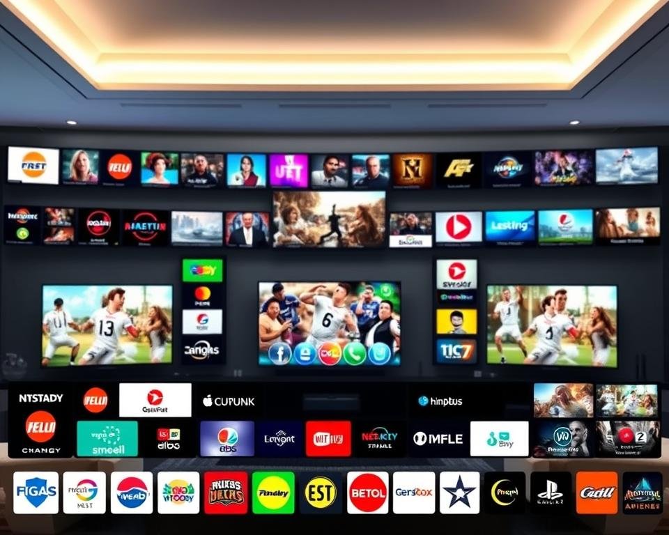 A wide array of television channels depicted in a vibrant and visually appealing composition. In the foreground, various channel logos and program thumbnails are neatly arranged, showcasing the diverse content available. The middle ground features television sets of varying sizes, each displaying different programs, creating a sense of abundance and choice. In the background, a sleek and modern living room setting with plush furniture and subtle lighting creates a comfortable and inviting atmosphere, emphasizing the idea of a comprehensive and immersive viewing experience. The overall scene conveys the expansive and well-curated nature of the IPTV service's content offering.