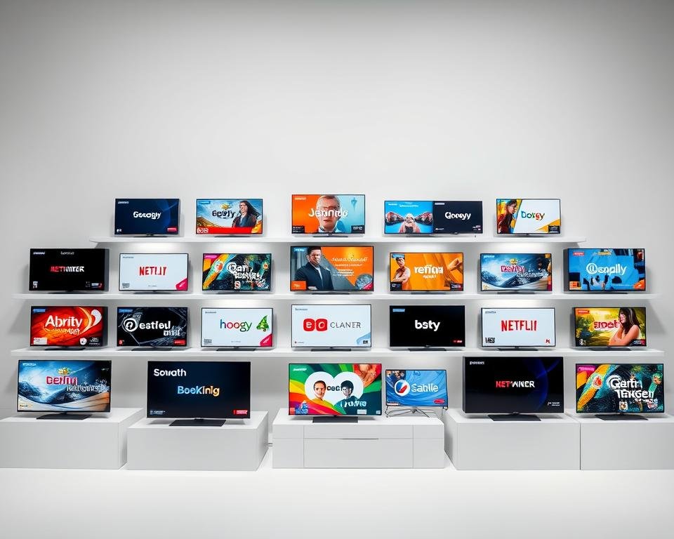 An elegant arrangement of various Dutch television channel packages, neatly displayed in a clean, minimalist studio setting. The packages are presented on sleek, modern shelves or stands, with a soft, even lighting illuminating their branding and designs. The background is a subtle, neutral tone that allows the channel packages to be the focal point, showcasing their diverse offerings in an organized and visually appealing manner. The overall atmosphere conveys a sense of professionalism, practicality, and the comprehensive range of television entertainment options available to Dutch viewers.