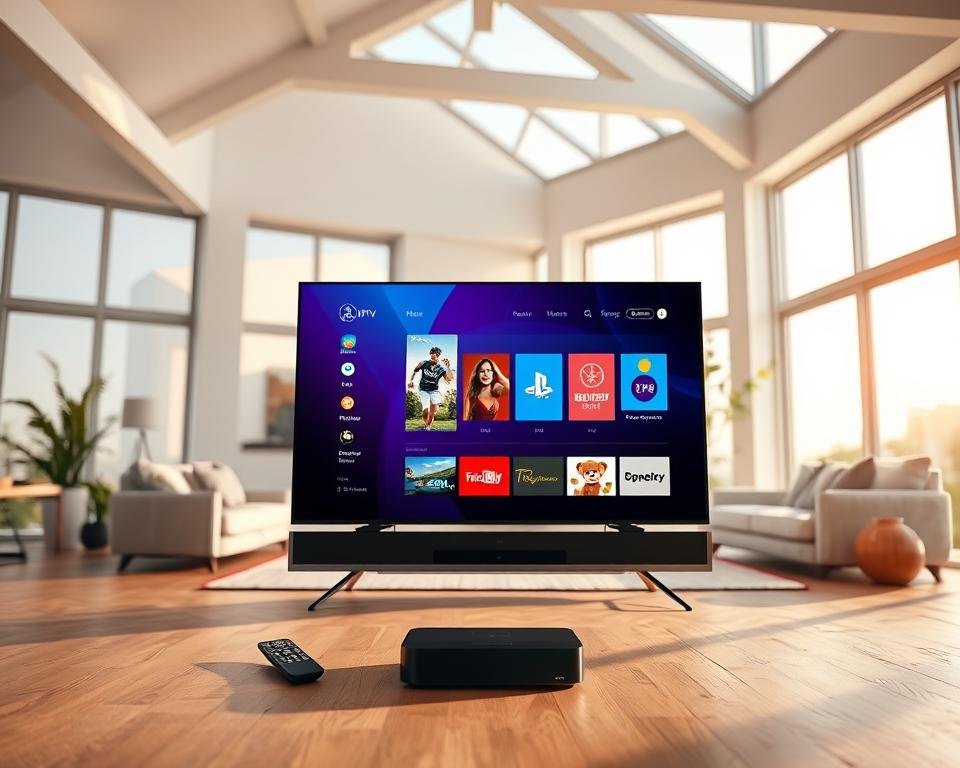 An expansive, airy room filled with a warm, natural light filtering through large windows. In the foreground, a sleek, modern smart TV stands prominently, its display showcasing a vibrant, high-definition IPTV interface. Surrounding the TV, a minimalist entertainment setup with a state-of-the-art streaming device and a seamless remote control. In the middle ground, a comfortable, contemporary living space with plush seating invites viewers to immerse themselves in the convenience and entertainment of an IPTV service. The background features a serene, nature-inspired decor, evoking a sense of relaxation and the effortless integration of technology into daily life.