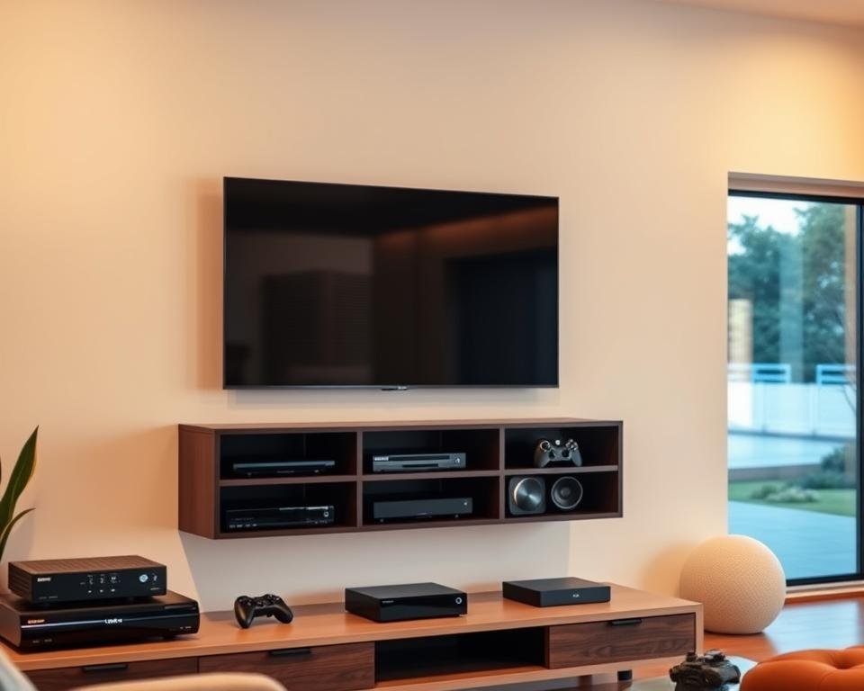 An installation of a television service, showcasing a modern home entertainment setup. In the foreground, a sleek smart TV mounted on the wall, surrounded by various media devices like a cable box, gaming console, and streaming device. Soft, warm lighting illuminates the scene, creating a cozy and inviting atmosphere. In the middle ground, a minimalist entertainment unit houses the components, its clean lines and neutral tones blending seamlessly with the home's decor. The background features a large window overlooking a tranquil outdoor landscape, allowing natural light to filter in and complement the artificial lighting. The overall impression is one of a well-integrated, high-quality home entertainment system that enhances the living space. An installation of a television service, showcasing a modern home entertainment setup. In the foreground, a sleek smart TV mounted on the wall, surrounded by various media devices like a cable box, gaming console, and streaming device. Soft, warm lighting illuminates the scene, creating a cozy and inviting atmosphere. In the middle ground, a minimalist entertainment unit houses the components, its clean lines and neutral tones blending seamlessly with the home's decor. The background features a large window overlooking a tranquil outdoor landscape, allowing natural light to filter in and complement the artificial lighting. The overall impression is one of a well-integrated, high-quality home entertainment system that enhances the living space.