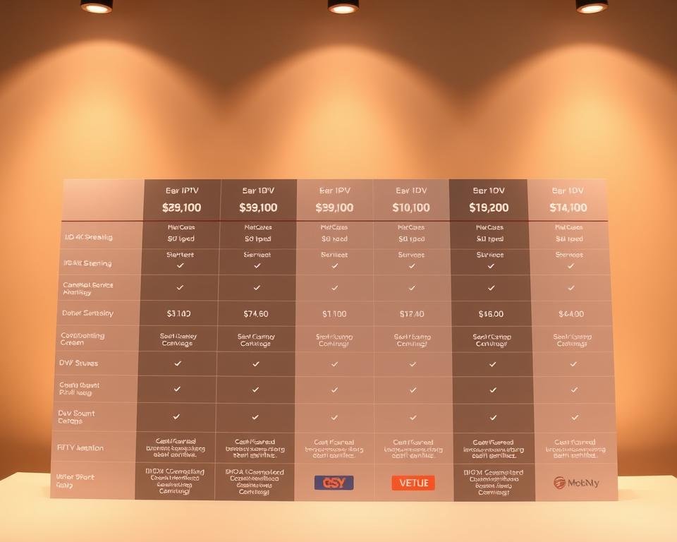 Detailed comparison of IPTV subscription plans and pricing. A clean, minimalist table arrangement with rows showcasing different service tiers, monthly costs, and feature sets. Solid background color, with subtle grid lines for organization. Sleek, modern typography for plan names and pricing. Emphasis on key details like HD/4K streaming, channel counts, and DVR storage. Warm, professional lighting from an overhead source, creating soft shadows and highlights. Camera positioned at eye level, capturing the table in a slightly angled, dynamic composition.