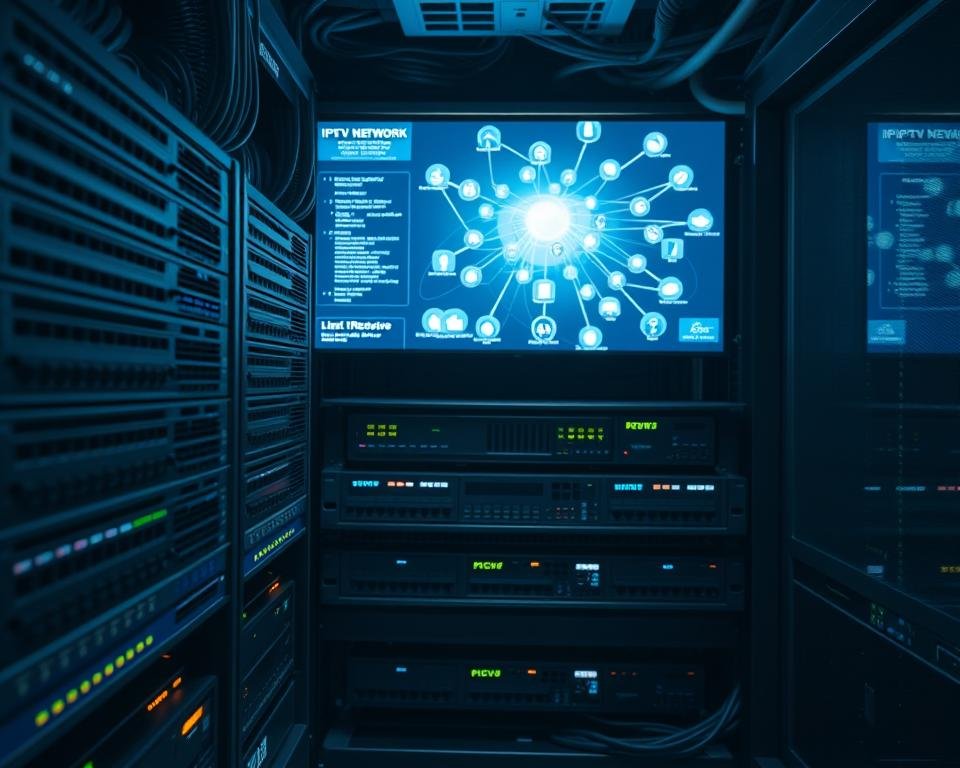 Detailed interior of a professional server rack, showcasing high-end IPTV equipment. The foreground features a bank of sleek, black network switches, routers, and media servers, all neatly organized and connected with color-coded cables. The middle ground displays a series of glowing LED displays, providing real-time data on streaming quality, bandwidth usage, and client connections. In the background, a large, curved monitor displays a dynamic visualization of the IPTV network, with nodes representing client devices and server status indicators. Soft, directional lighting illuminates the scene, creating a sense of technical sophistication and reliability. The overall atmosphere conveys a well-designed, high-performance IPTV system capable of delivering a seamless, uninterrupted viewing experience.