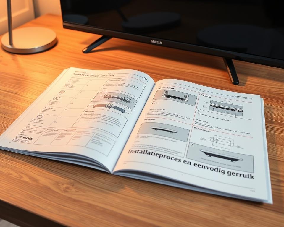 Detailed technical manual for a television set, lying open on a wooden desk with clean, well-lit surroundings. The manual features step-by-step instructions and diagrams for the installation process, presented with a minimalist, informative layout. Warm, soft lighting illuminates the scene, creating a calm and professional atmosphere. The television itself is displayed prominently, highlighting the focus on the installation guide. The overall composition emphasizes simplicity, clarity, and ease of use, reflecting the "Installatieproces en eenvoudig gebruik" section of the article.