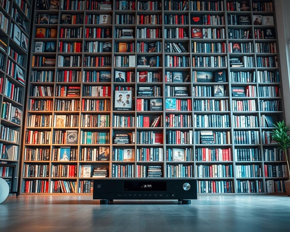 Expansive content library, a vast digital treasure trove showcasing a diverse array of entertainment options. A towering bookshelf, its shelves brimming with a vibrant collection of movies, TV shows, and documentaries, each title a window to a world of captivating stories. Soft, diffused lighting bathes the scene, creating a cozy, inviting atmosphere, drawing the viewer in. In the foreground, a sleek, modern media player stands ready, its interface intuitive and user-friendly, seamlessly connecting the user to this expansive content universe. The background features a minimalist, contemporary interior design, accentuating the technological prowess and the breadth of choices at the viewer's fingertips. Expansive content library, a vast digital treasure trove showcasing a diverse array of entertainment options. A towering bookshelf, its shelves brimming with a vibrant collection of movies, TV shows, and documentaries, each title a window to a world of captivating stories. Soft, diffused lighting bathes the scene, creating a cozy, inviting atmosphere, drawing the viewer in. In the foreground, a sleek, modern media player stands ready, its interface intuitive and user-friendly, seamlessly connecting the user to this expansive content universe. The background features a minimalist, contemporary interior design, accentuating the technological prowess and the breadth of choices at the viewer's fingertips.