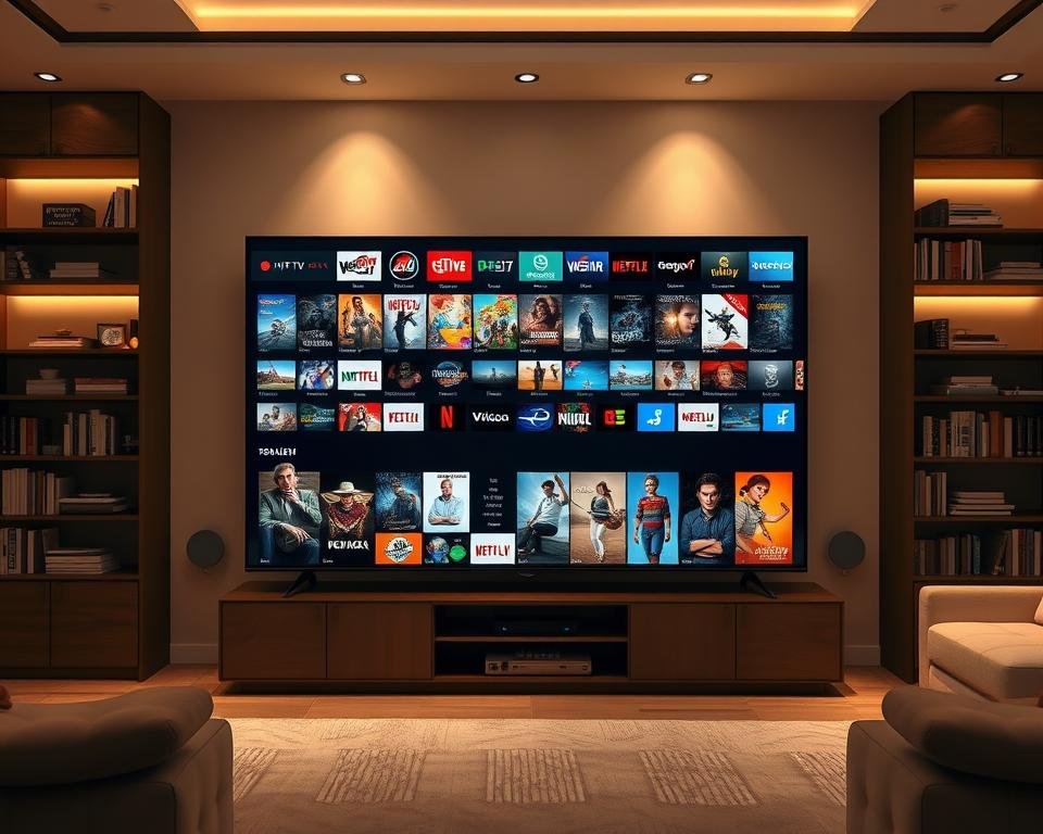 Expansive television content library - a vast array of entertainment options displayed on a modern, sleek television screen. The screen is positioned in a stylish, well-lit living room setting, with warm lighting and a minimalist, elegant decor. Bookshelves and other home entertainment components flank the television, creating a visually balanced and harmonious composition. The overall mood is one of comfort, sophistication, and technological advancement, reflecting the superior viewing experience offered by IPTV in the Netherlands.