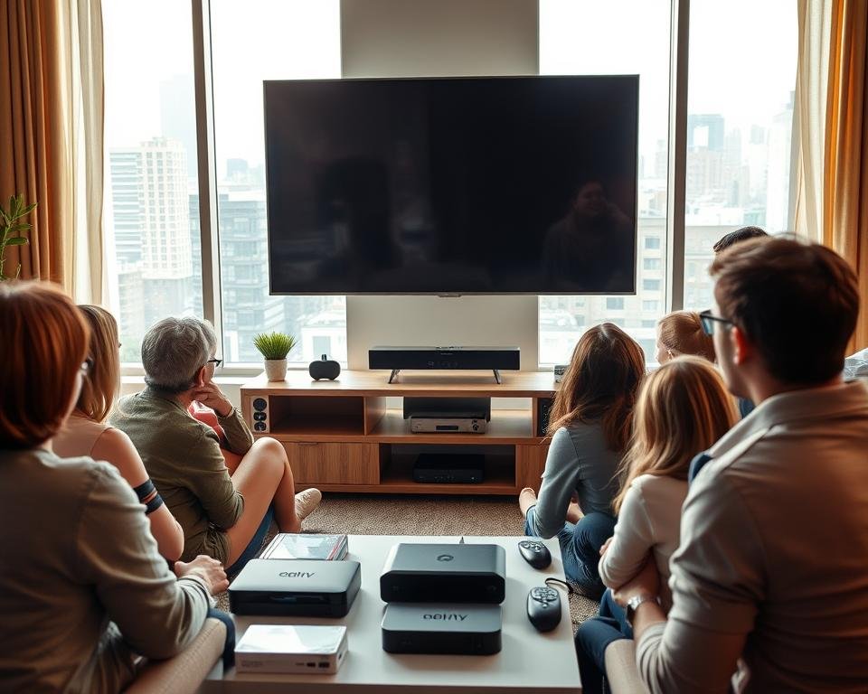 Prompt A bustling scene of growing internet television popularity, featuring a modern living room setting with a large flatscreen TV prominently displayed. The room is bathed in warm, natural lighting filtering through large windows, creating a cozy, inviting atmosphere. In the foreground, a group of people of various ages are gathered, intently watching the TV screen, their expressions engaged and captivated. The middle ground shows an array of contemporary media devices and streaming boxes surrounding the TV, symbolizing the diverse options available for internet-based television consumption. The background depicts a cityscape visible through the windows, hinting at the widespread adoption and integration of IPTV technology into the urban landscape. The overall composition conveys a sense of technological advancement, social connectivity, and the increasing mainstream appeal of internet television.
