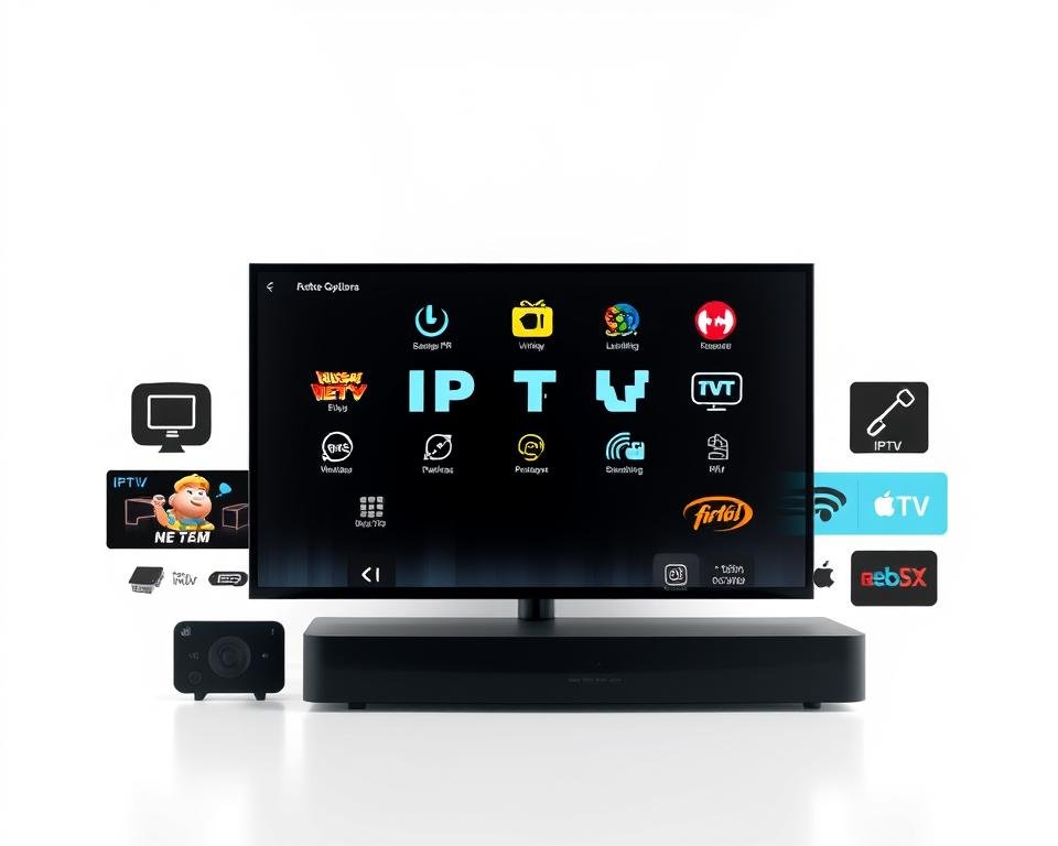 Prompt A sleek and modern arrangement of various IPTV subscription options, presented against a clean white background with subtle highlights. The abonnement packages are depicted as a collection of stylized icons, each representing different features or channels. The composition is balanced and visually appealing, conveying a sense of flexibility, convenience, and the wide range of choices available to the viewer. Crisp lighting and a slight depth of field create a professional, editorial-style image that would be suitable for illustrating the "Flexibele abonnementsopties" section of the article.