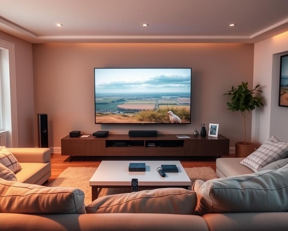 Voordelen IPTV Nederland: A wide-angle shot of a serene living room setup, with a large, flat-screen smart TV taking center stage. Soft, warm lighting illuminates the space, creating a cozy and inviting atmosphere. In the foreground, a sleek, modern media console holds various streaming devices, showcasing the versatility of IPTV. The middle ground features plush, comfortable seating, where a family can gather to enjoy the seamless entertainment experience. The background reveals a panoramic view of a picturesque Dutch landscape, hinting at the boundless content available through IPTV in the Netherlands. The overall scene conveys the convenience, reliability, and the wide range of benefits that IPTV offers to households in the country.