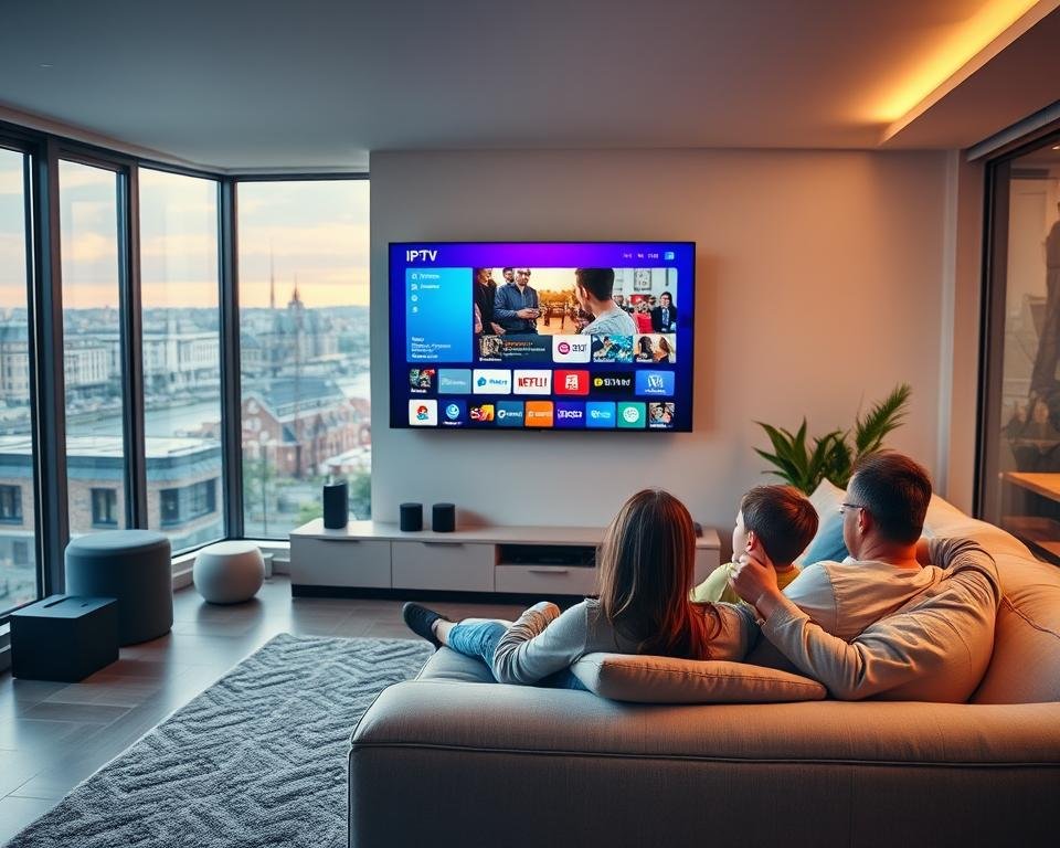 Voordelen van IPTV service in Nederland: a vivid, high-quality image depicting a modern living room with a large flatscreen TV displaying a vibrant IPTV interface. The room is bathed in soft, warm lighting, creating a cozy and inviting atmosphere. In the foreground, a family is relaxed on a comfortable couch, engaged in watching high-definition content with seamless streaming and no interruptions. The middle ground showcases various smart home devices, smart speakers, and remote controls, highlighting the integration and convenience of the IPTV service. The background features large windows overlooking a picturesque Dutch cityscape, emphasizing the reliable and stable connectivity of the IPTV system. The overall scene conveys the benefits of IPTV in the Netherlands: superior video quality, uninterrupted viewing experience, and the seamless integration of technology into daily life.