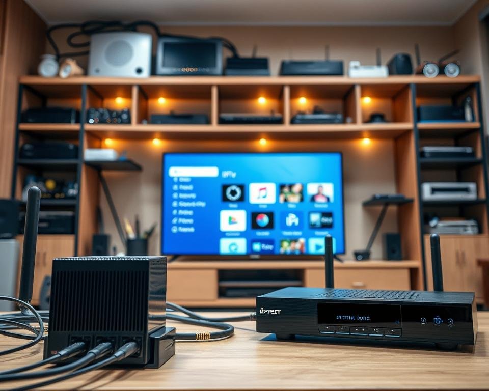 a detailed, technical interior scene depicting the essential hardware and software requirements for an optimal IPTV experience. in the foreground, neatly arranged components such as a high-speed internet modem, a powerful streaming device, and a sleek IPTV set-top box, all connected by clean, organized cables. in the middle ground, a large flatscreen display shows a crisp, high-definition IPTV interface, with intuitive menu options and clear icons. the background features shelves stocked with networking equipment, a router, and other smart home devices, all bathed in a soft, warm lighting that creates a sense of technological sophistication. the overall scene conveys a streamlined, efficient, and user-friendly IPTV setup, ready to provide an optimal viewing experience.