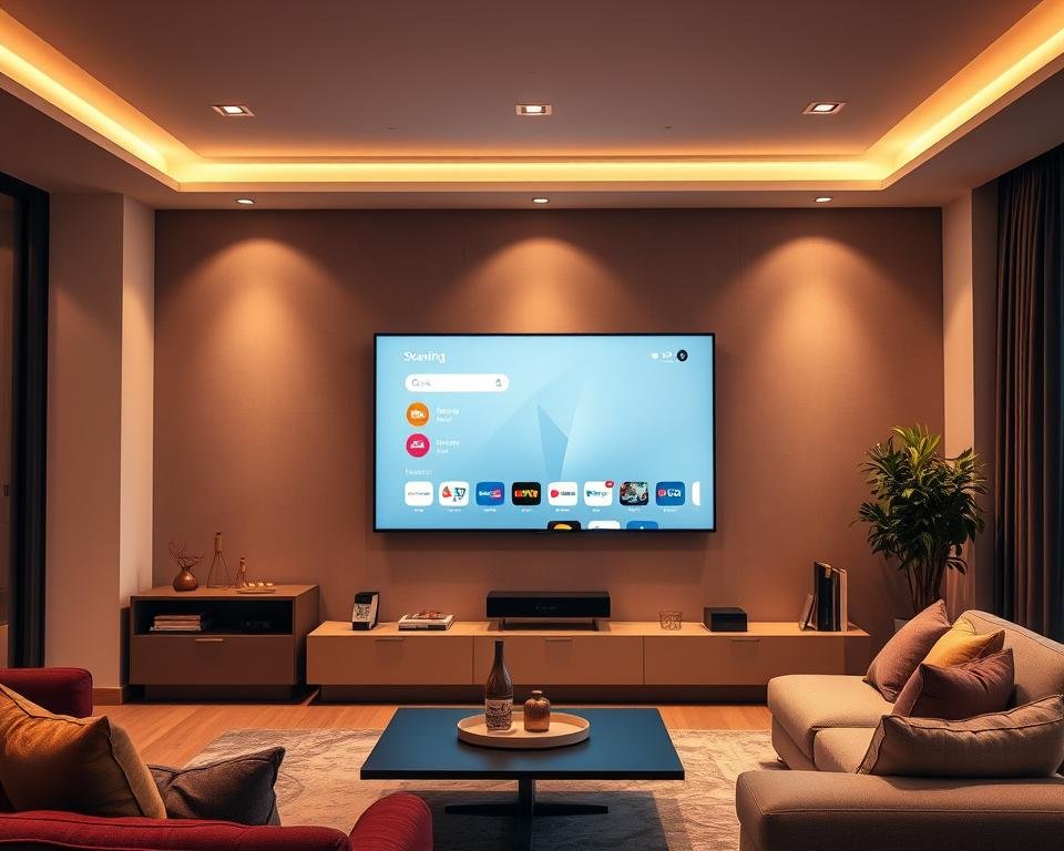 a digital living room interior with a large flatscreen television mounted on the wall, displaying a minimalist user interface with various streaming service icons. the room is bathed in warm, diffused lighting from recessed ceiling fixtures. the television is the focal point, surrounded by modern furniture and decor elements that convey a sense of flexibility, connectivity and entertainment. the overall mood is one of relaxation, convenience and adaptability, reflecting the concept of "internet televisie flexibiliteit". a digital living room interior with a large flatscreen television mounted on the wall, displaying a minimalist user interface with various streaming service icons. the room is bathed in warm, diffused lighting from recessed ceiling fixtures. the television is the focal point, surrounded by modern furniture and decor elements that convey a sense of flexibility, connectivity and entertainment. the overall mood is one of relaxation, convenience and adaptability, reflecting the concept of "internet televisie flexibiliteit".